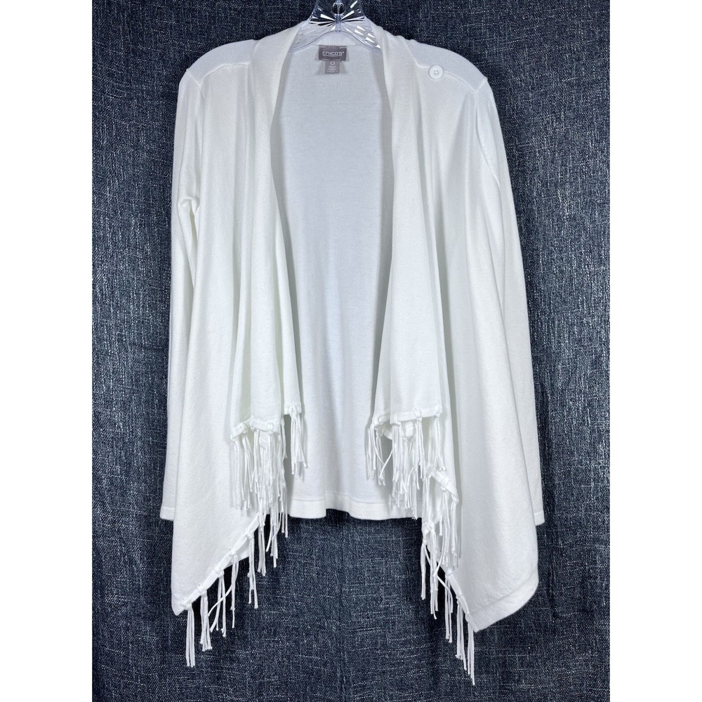 CHICO'S Sz 0=S/4 Cardigan Festive Fringe Edge Cream Wrap Knit Sweater Open Front